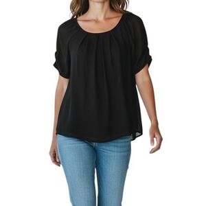 Apt. 9 Womens Black Pleated Scoop Neck Short Sleeve Chiffon Blouse Size M